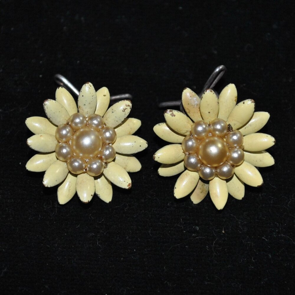 Vintage 1940s Sterling Yellow Enamel Flower Judith McCann Wingback Earrings